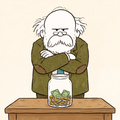 The Professor, arms folded, behind a desk with a jar of coins and banknotes