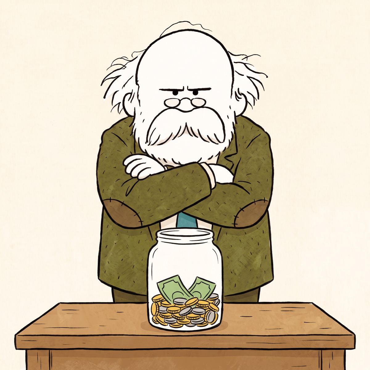 The Professor, arms folded, behind a desk with a jar of coins and banknotes